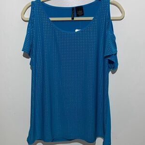Nue Options Women's Blue Beaded Cold Shoulder Pullover Blouse Top Size Large NWT